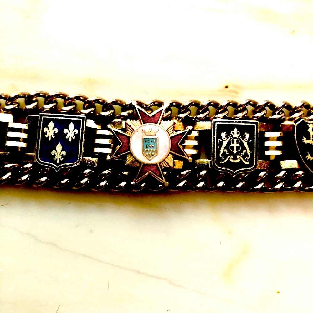 Gold-Tone Crest Link Bracelet with Enamel Accents
